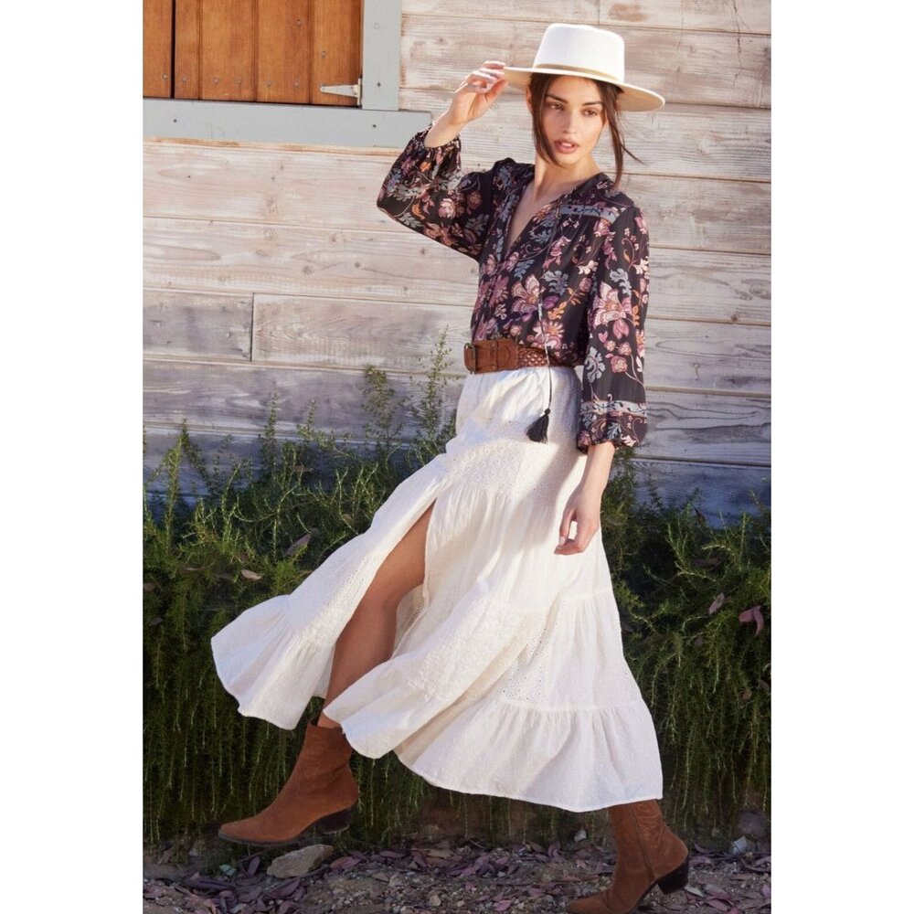 Love Stitch Molly Boho Embroidered Maxi Skirt in Natural - Sz S - NWT